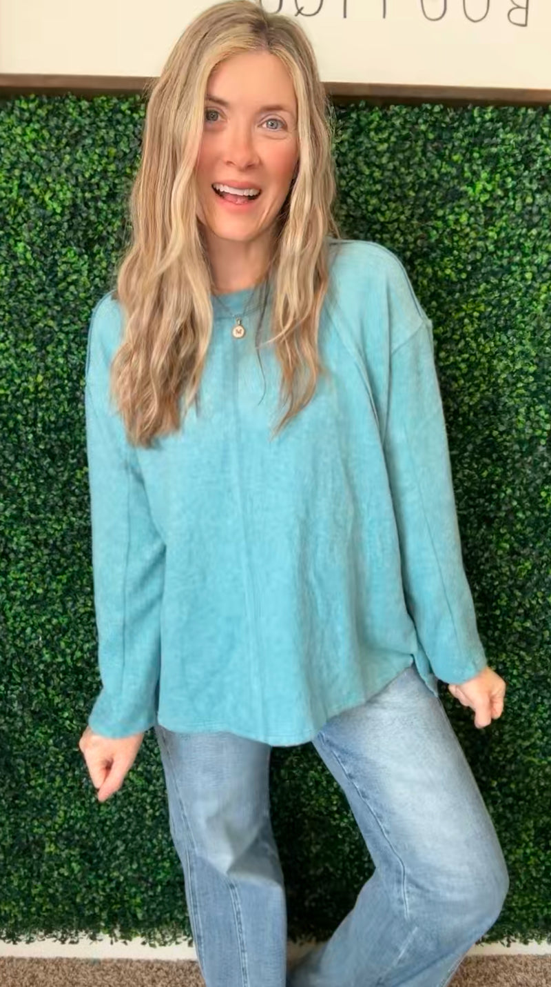 Simple Silhouette Brushed Hacci Sweater in Dusty Teal - Maple Row Boutique