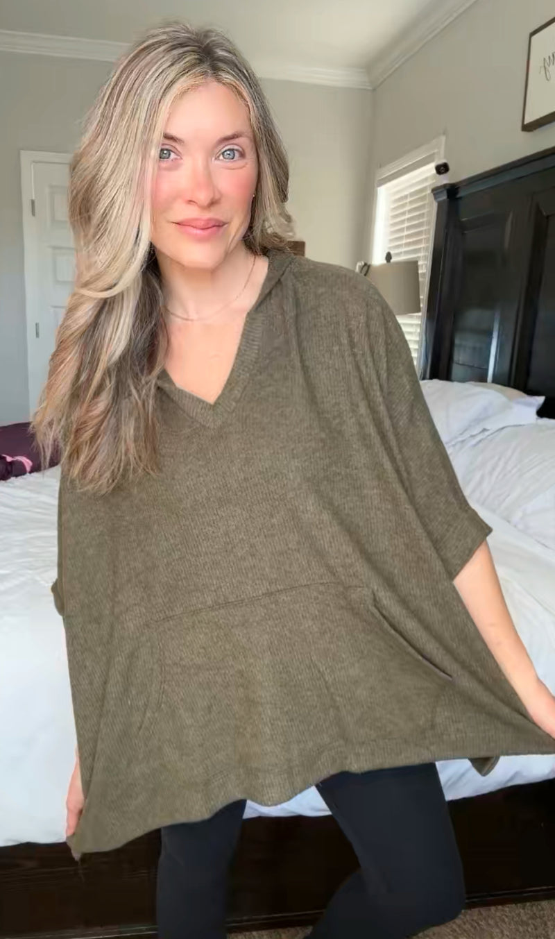 Perfectly Poised Hooded Poncho in Olive - Maple Row Boutique