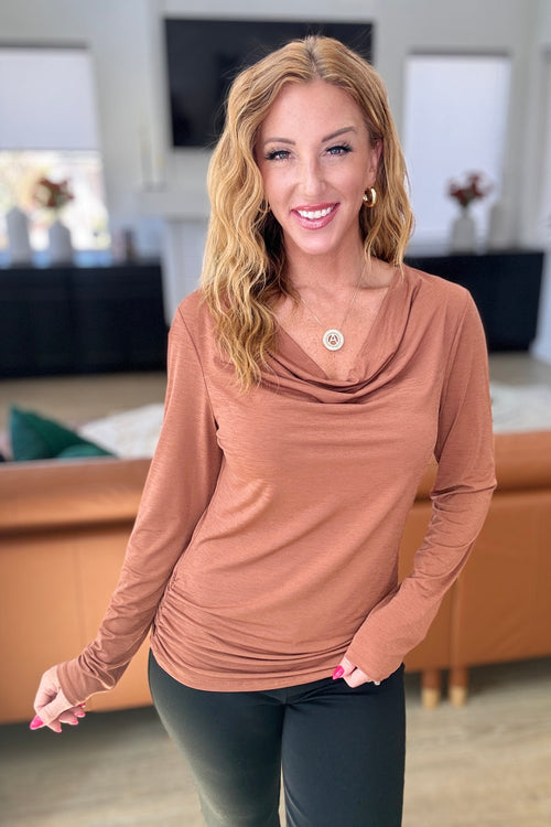 Ruched Cowl Neck Top in Rust - Maple Row Boutique 