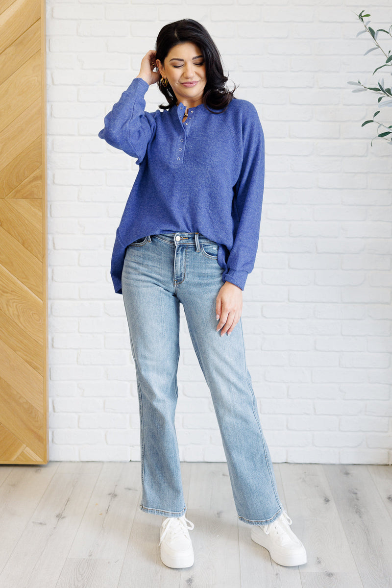 Keeping it Real Brushed Melange Hacci Long Sleeve Tee in Bright Blue - Maple Row Boutique 