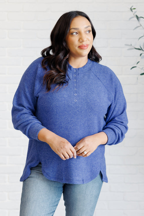 Keeping it Real Brushed Melange Hacci Long Sleeve Tee in Bright Blue - Maple Row Boutique 