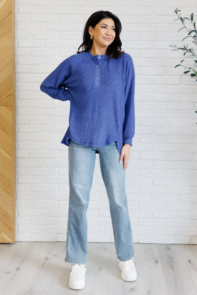 Keeping it Real Brushed Melange Hacci Long Sleeve Tee in Bright Blue - Maple Row Boutique 