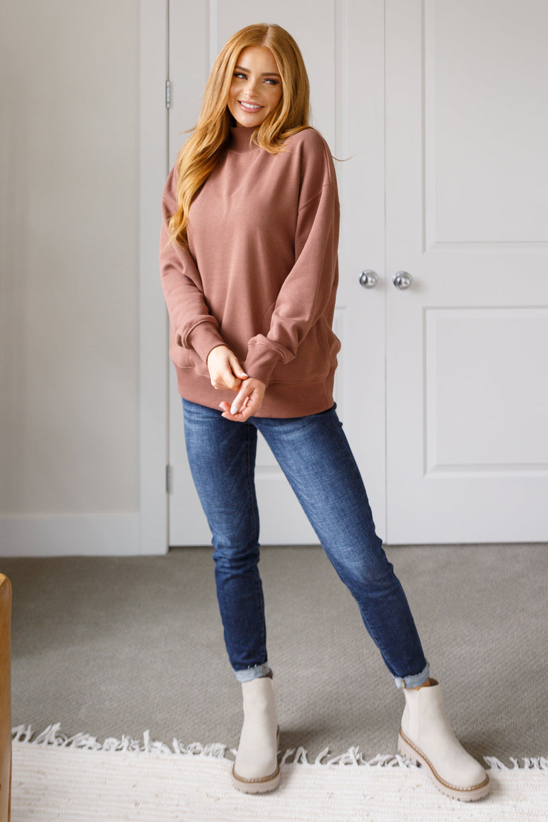 Make No Mistake Mock Neck Pullover in Cocoa - Maple Row Boutique 