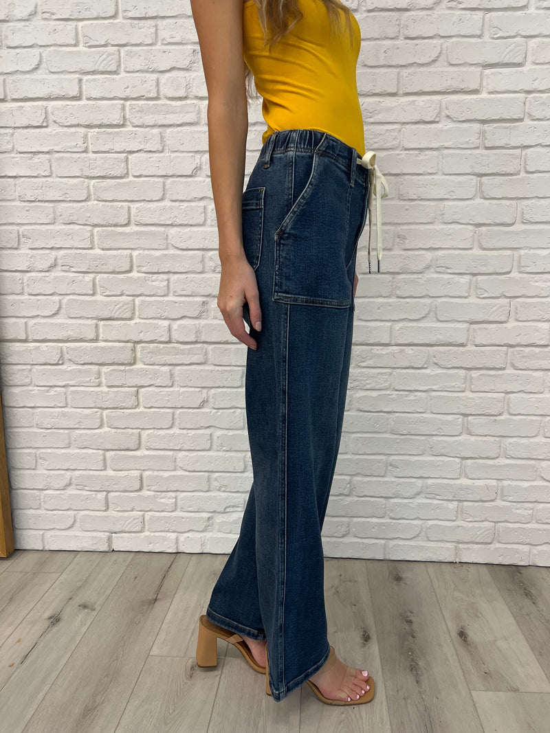 Melanie High Rise Drawstring Wide Leg Jeans - Maple Row Boutique