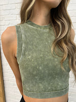 Over and Out Cropped Ribbed Tank in Ash Olive - Maple Row Boutique