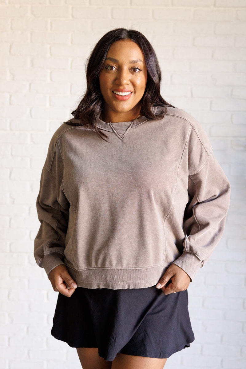 Quick Fix Mineral Wash Crew Neck Pullover in Mocha - Maple Row Boutique 