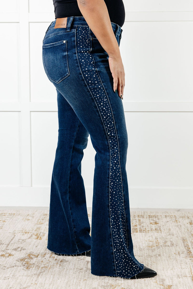 Shannon Mid Rise Rhinestone Detail Flare Jeans - Maple Row Boutique