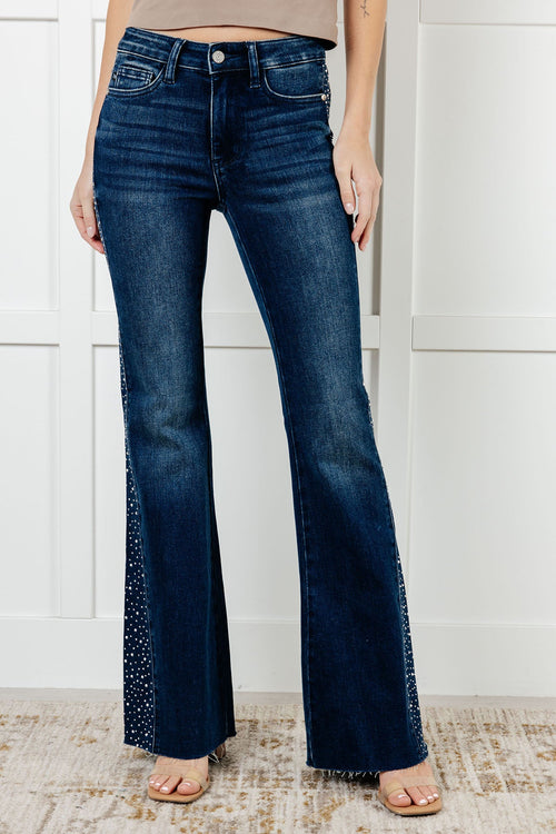 Shannon Mid Rise Rhinestone Detail Flare Jeans - Maple Row Boutique