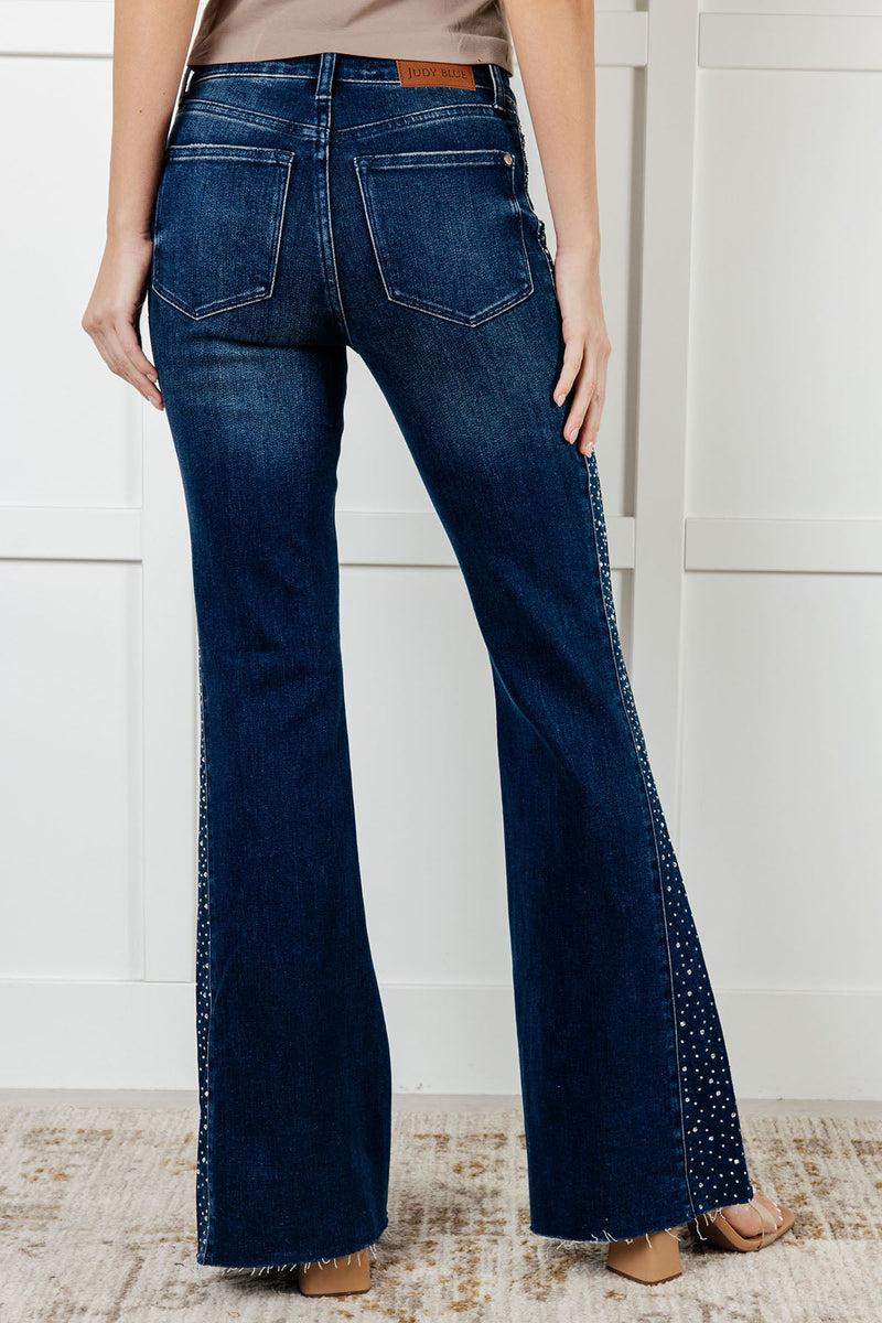 Shannon Mid Rise Rhinestone Detail Flare Jeans - Maple Row Boutique