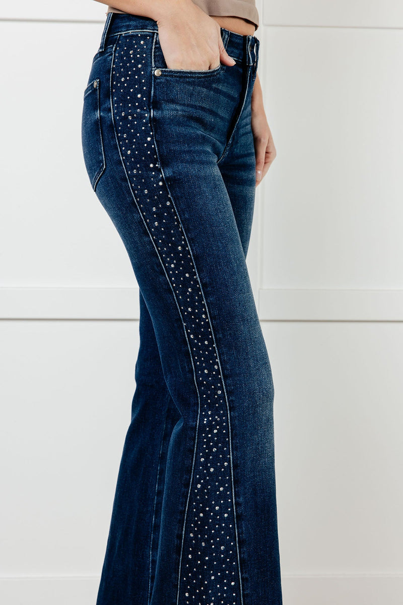 Shannon Mid Rise Rhinestone Detail Flare Jeans - Maple Row Boutique