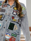 Embroidered Patch Button Up Long Sleeve Denim Jacket - Maple Row Boutique 