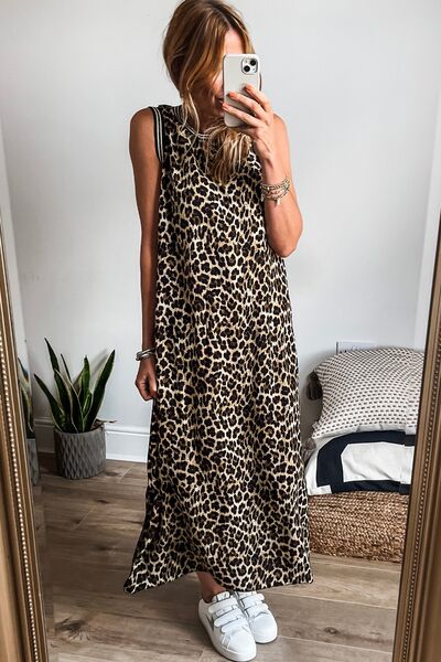 Side Slit Leopard Sleeveless Maxi Dress - Maple Row Boutique