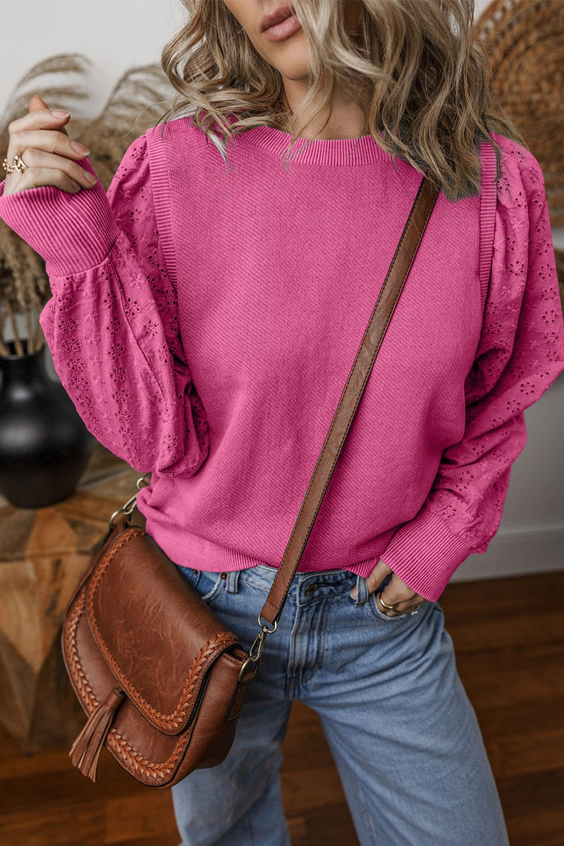 Eyelet Round Neck Long Sleeve Sweatshirt - Maple Row Boutique 