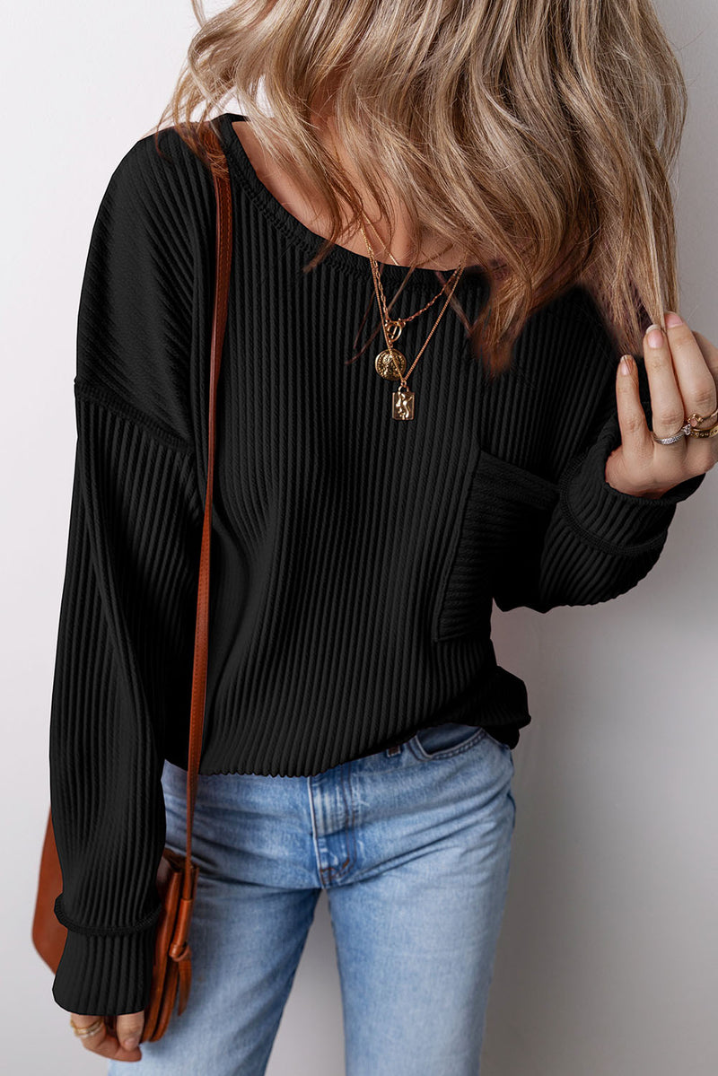 Pocketed Round Neck Long Sleeve Top - Maple Row Boutique 