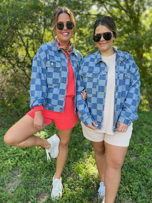 PREORDER: Checkered Denim Jacket - Maple Row Boutique 