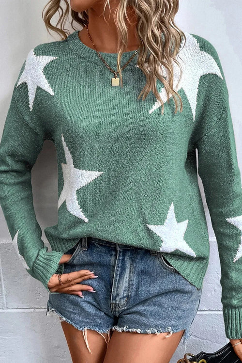 Star Round Neck Dropped Shoulder Sweater - Maple Row Boutique 