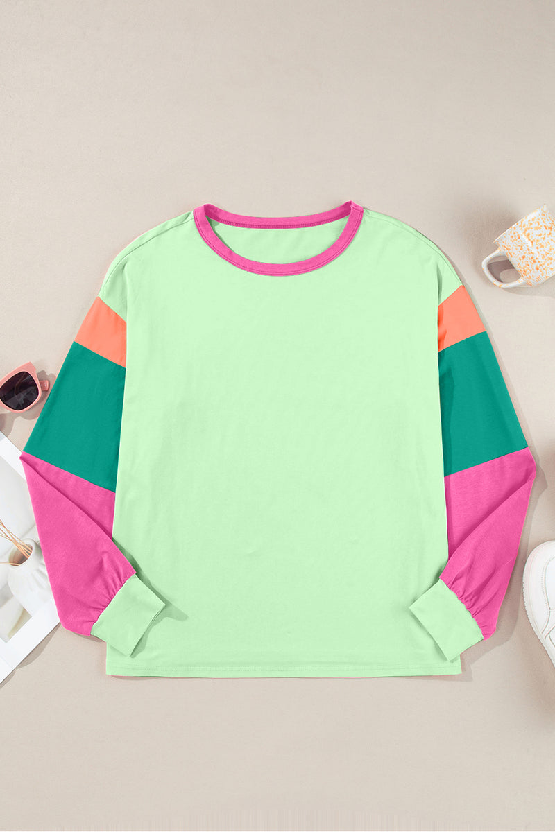 Color Block Round Neck Long Sleeve Top - Maple Row Boutique 