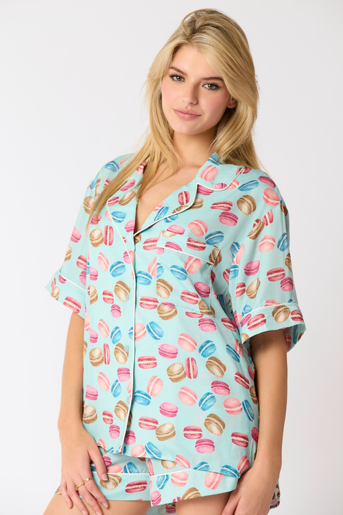 Poly Satin Macarons Printed Pajama Shirt - Maple Row Boutique