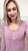 Button Front Long Sleeve Knit Henley In Dusty Lavender - Maple Row Boutique