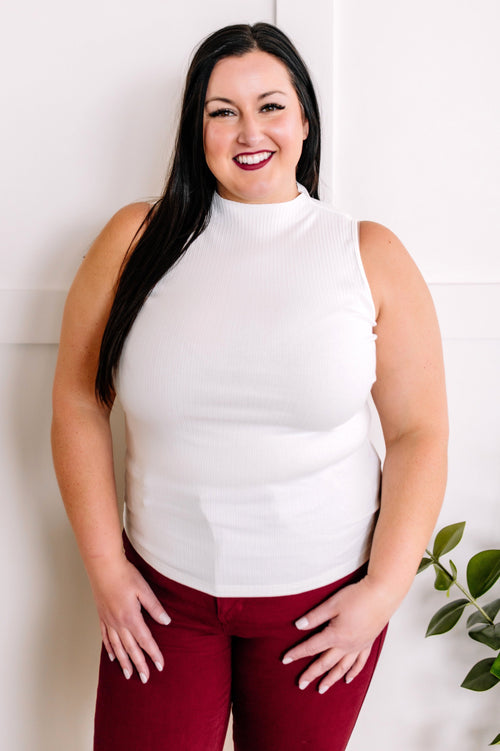 Ribbed Mock Neck Sleeveless Top In Fresh White - Maple Row Boutique 