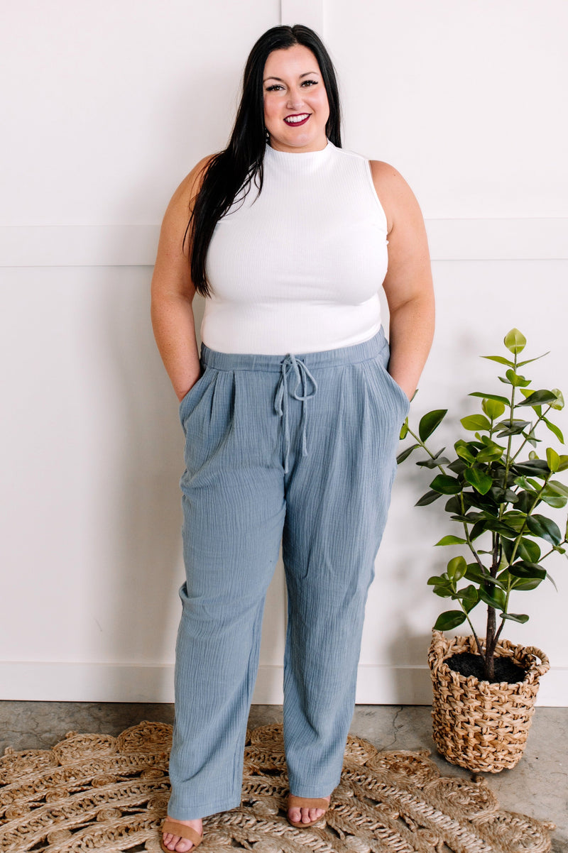 Soft Beachy Gauze Pants In Dusty Blue - Maple Row Boutique 