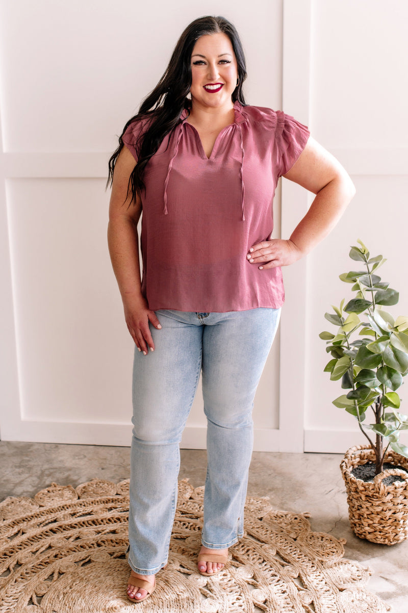 Ruffled Flutter Sleeve Top In Rose - Maple Row Boutique