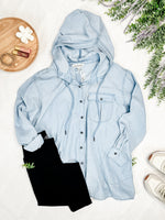 Hooded Button Front Top In Light Denim - Maple Row Boutique 