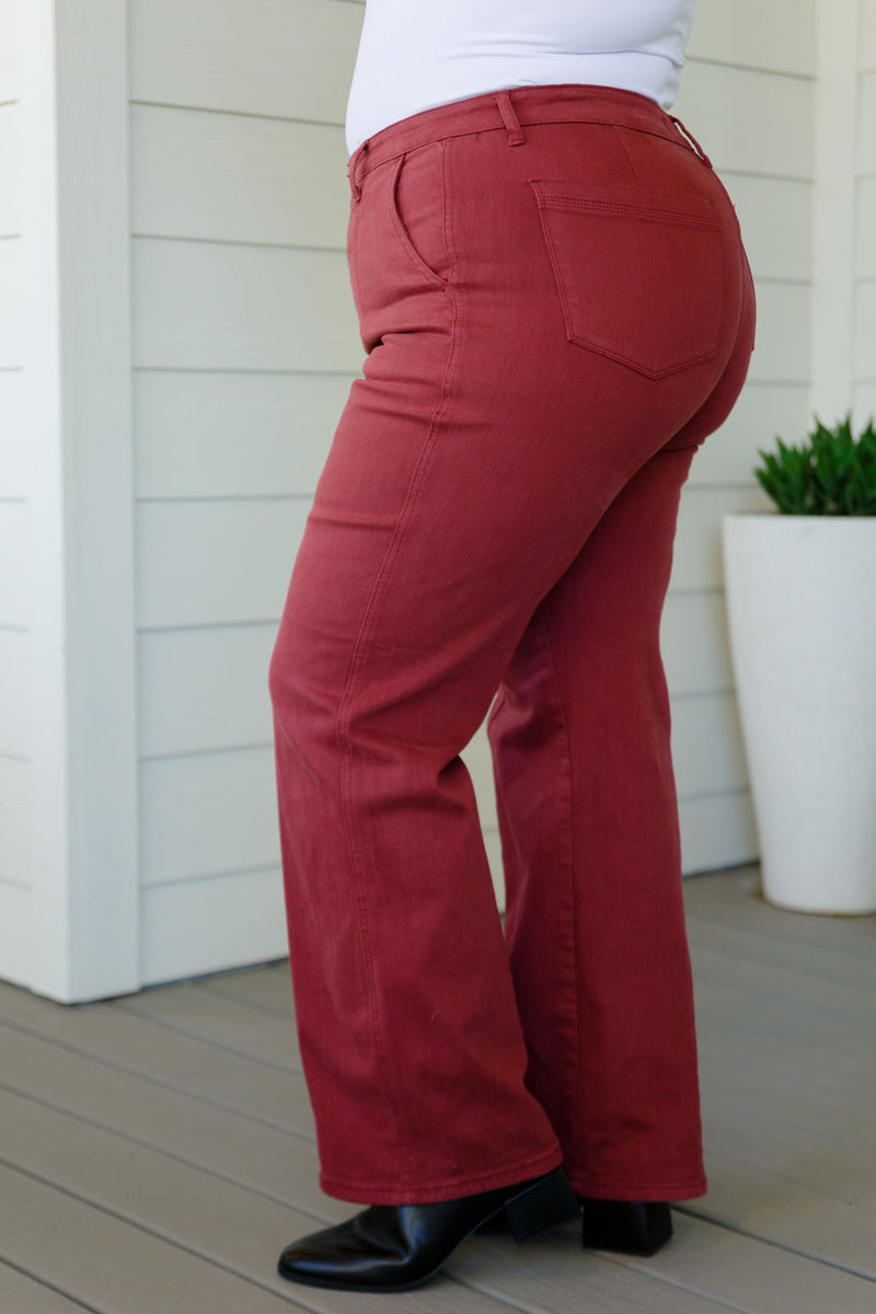 Phoebe High Rise Front Seam Straight Jeans in Burgundy - Maple Row Boutique 