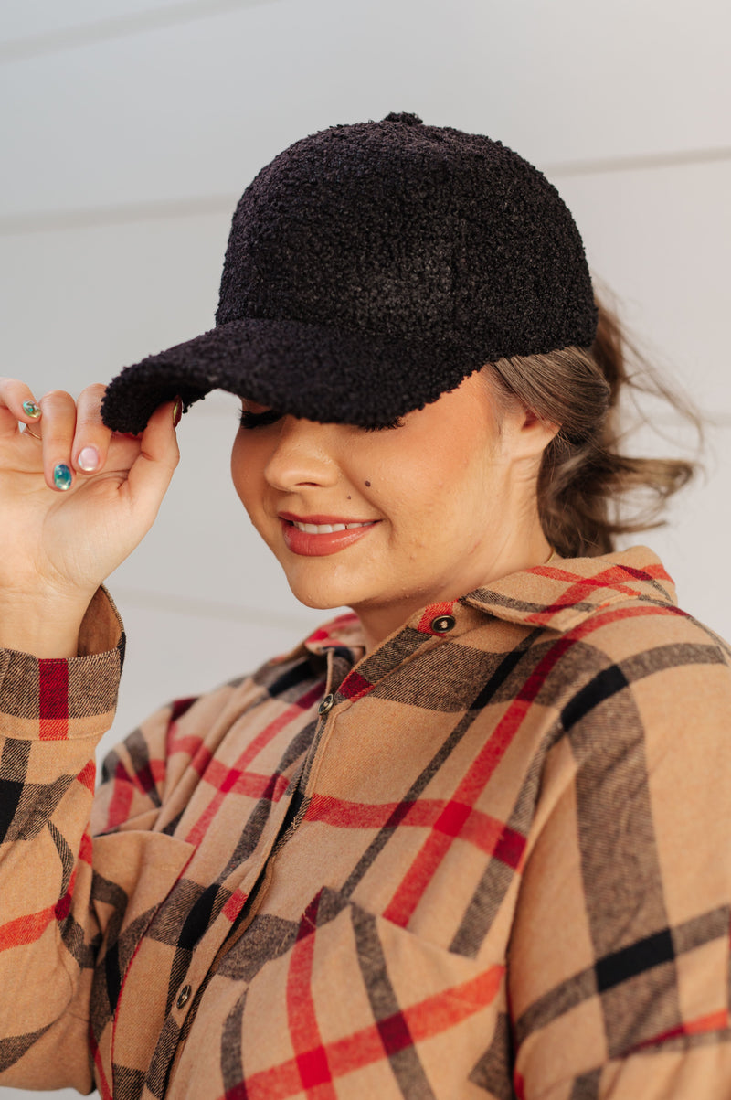 Lyla Sherpa Ball Cap in Black - Maple Row Boutique 